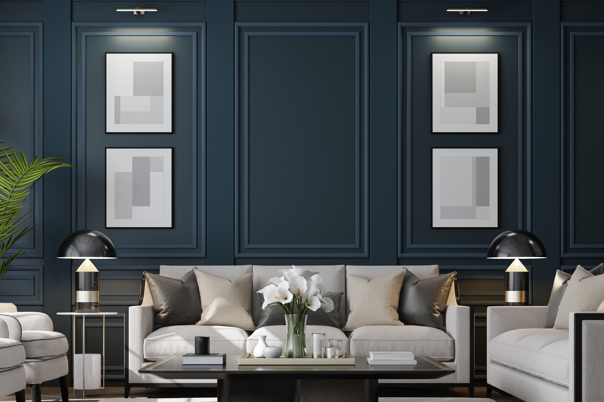 Elegant Neo-Classical Paris Luxury Style Living Room with Modern Blue Walls and White Furniture