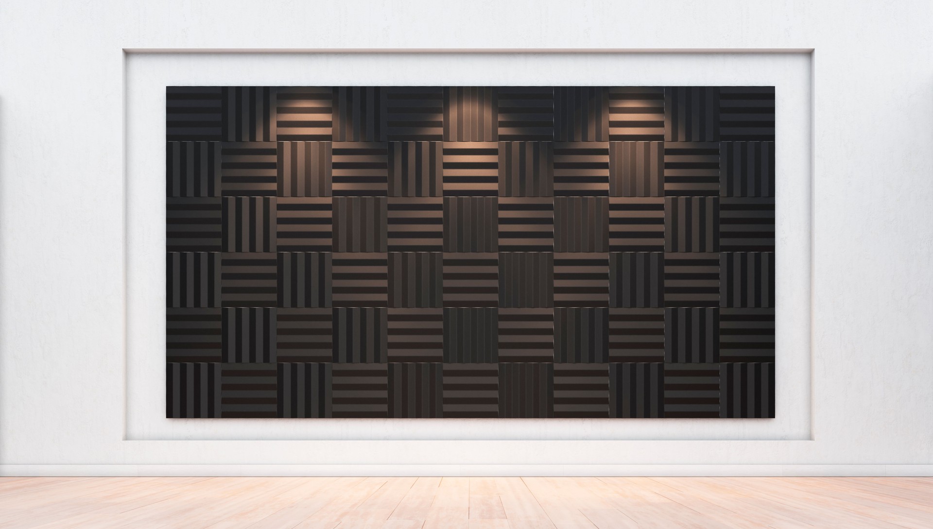 Interior background with acoustic panels on the plaster wall. 3d rendering